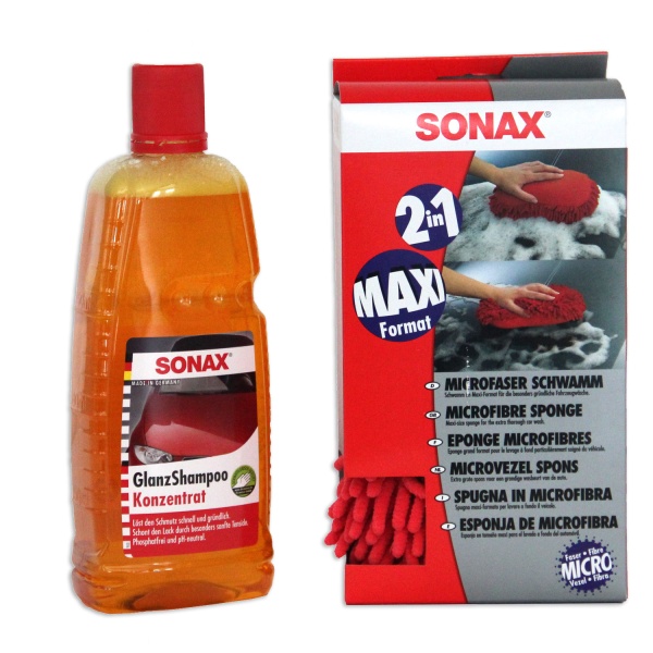 Set Sonax Sampon Auto Concentrat Pentru Luciu 1L 314300 + Sonax Burete Din Microfibre Pentru Spălat 428100